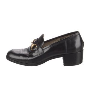 Gucci Horse-bit Classic Stacked Heel Black Leather Loafer 7.5